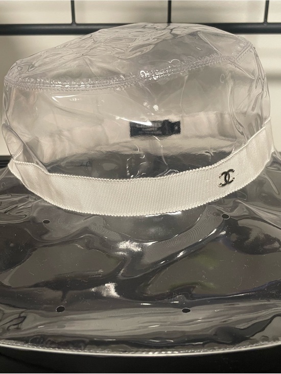 CHANEL Accessories - CHANEL Clear PVC Rain Bucket Hat with White Ribbon and Silver CC